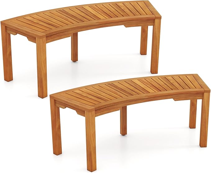 Tangkula Outdoor Curved Bench, Acacia Wood Fire Pit Bench w/Slatted Seat by TANGKULA