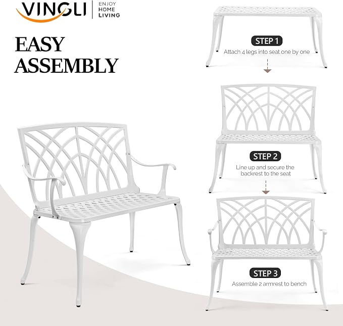 VINGLI 38" Outdoor Bench Cast Aluminium Garden Bench, Orchid Porch Benches - Image 6