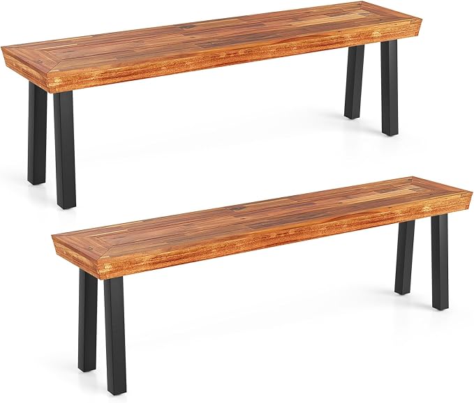 COSTWAY Set of 2 Outdoor Acacia Wood Benches, 2-3 People Backless Garden Benches by COSTWAY