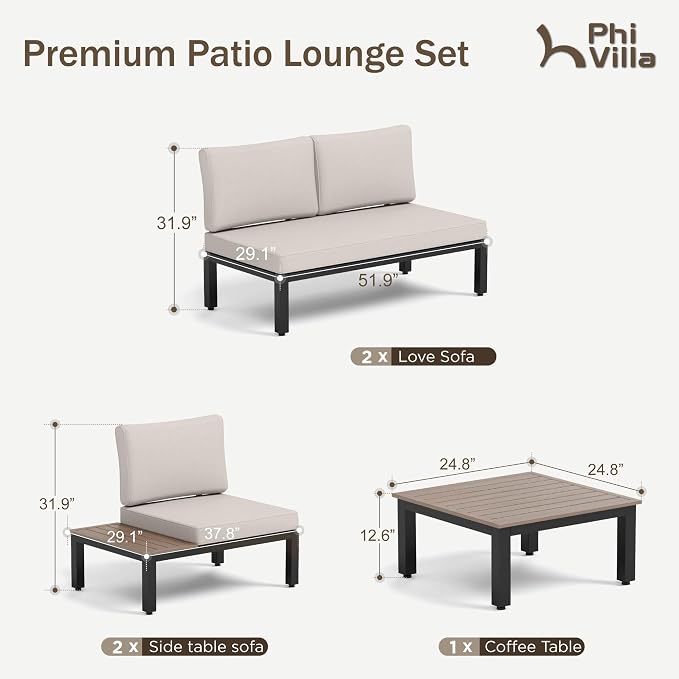 PHI VILLA 5 Pieces Outdoor Patio Furniture Set, Metal Frame Modern Outdoor - Image 8