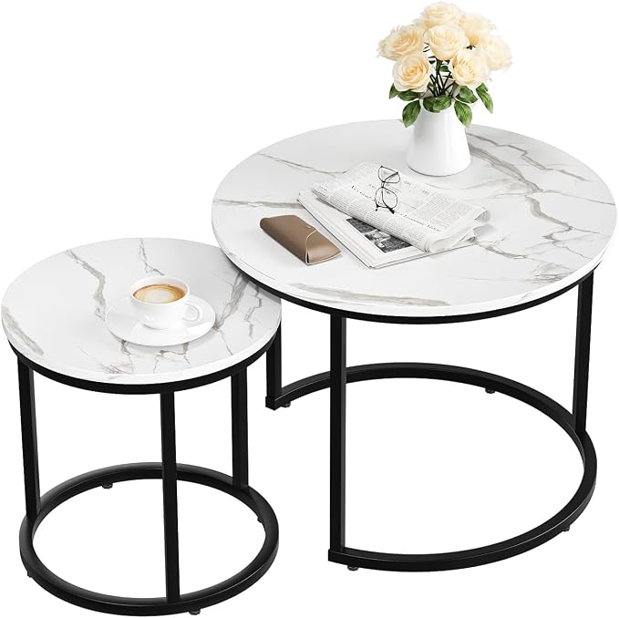 Smuxee White Nesting Coffee Table Set of 2, 23.6" Round Coffee Table Wood Grain - Image 8