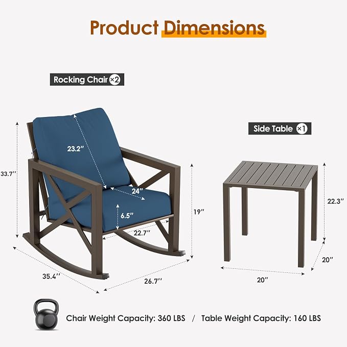 Outdoor Rocking Bistro Set, Patio Rocking Chairs Set of 2 - Image 6
