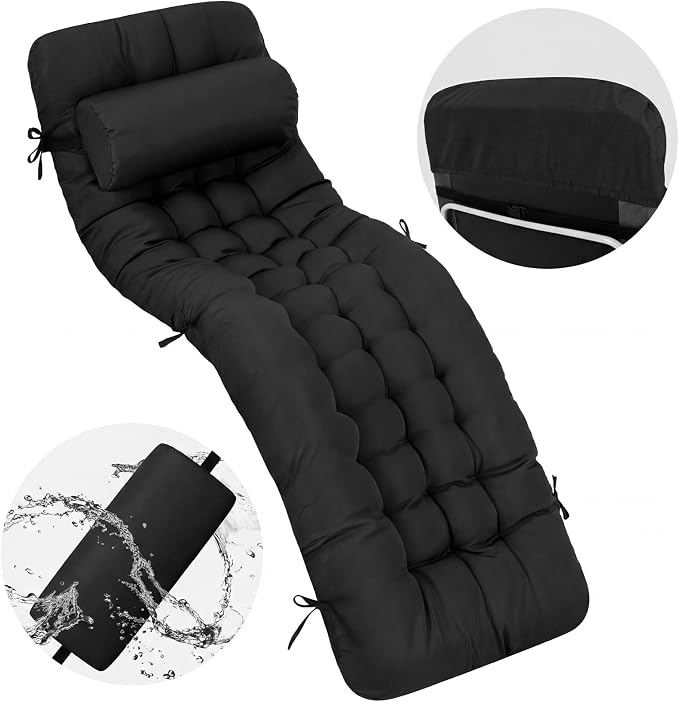Tudomro 1 Pcs Black 66'' Outdoor Chaise Lounge Cushion Waterproof Patio Lawn - Image 9