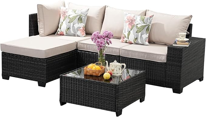 Jing's Villa 5-Piece Patio Furniture Set, All-Weather Outdoor Wicker Sectional - Image 9