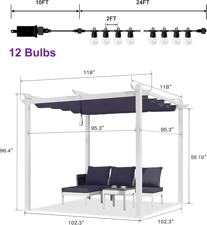 PURPLE LEAF 10' x 10' Outdoor Aluminum Pergola White Heavy-Duty Retractable - Image 6