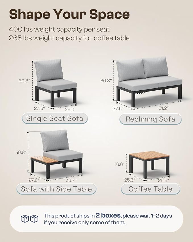 Aluminum Outdoor Patio Furniture Set, 4 Seats Modular Patio Sectional Sofa Set - Image 8