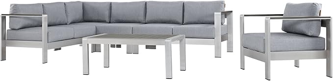 Modway Shore 6-Piece Aluminum Outdoor Patio Sectional Sofa Set in Silver Gray - Image 3