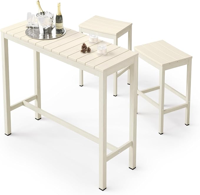 Outdoor Bar Height Table and Chairs Set, 3 Piece Patio Pub Bar Set by COZYMAN