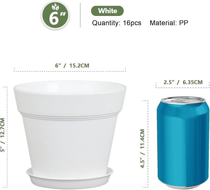 6 inch Plastic Nursery Pots, 16 Pack Plant Pots - Image 2