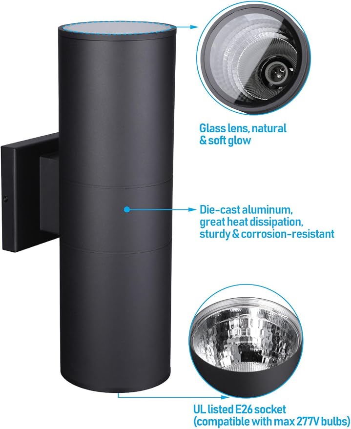 LEONLITE Modern Outdoor Cylinder Wall Lights 18", Porch Light in 2 Lights - Image 3