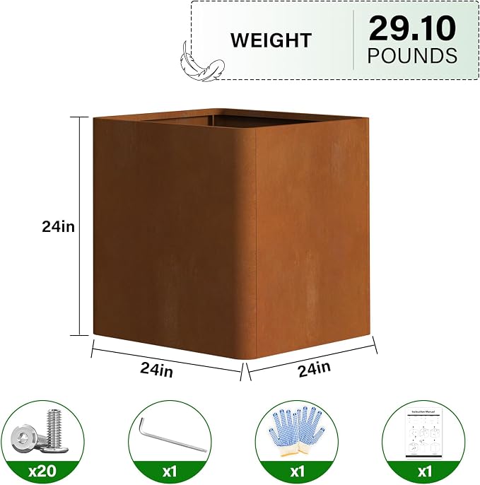 Corten Steel Planter Box 24" L x 24" W x 24" H, Large Metal Square Planter - Image 2