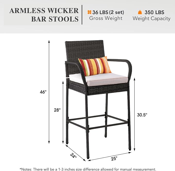 Sundale Outdoor Wicker Bar Stool Set of 2, Patio Counter Height Pub Chair - Image 3