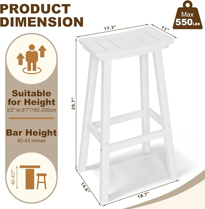 Outdoor Bar Stools Set of 6, 29 Inch All-Weather HDPE Bar Height Chairs - Image 3