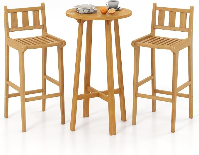 Tangkula 3 Piece Patio Bar Set, Teak Wood Bistro Furniture - Image 9