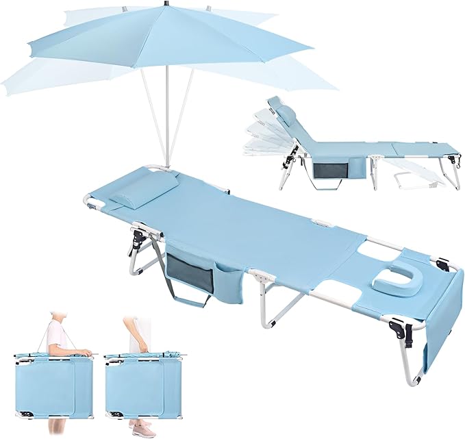 Tanning Chair with Umbrella UPF 50+ Adjustable, Heavy Duty Folding Chaise by Minndudu