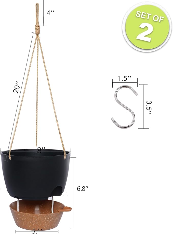 8 inch Hanging Planters, 2 Pack Self Watering Hanging Pots - Image 2