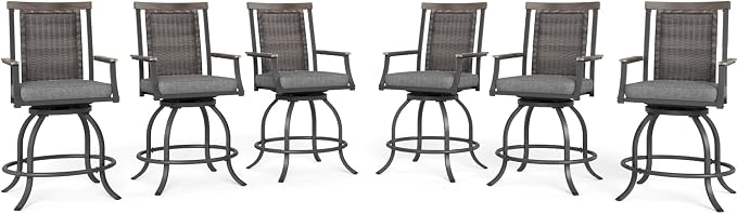 MFSTUDIO Outdoor Counter Height Bar Stool Set of 6, Swivel Rattan Backrest by MFSTUDIO