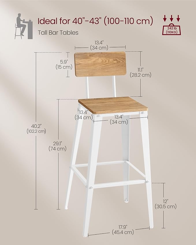 VASAGLE Set of 4 Bar Stools, Bar Height Stools, 29.1 Inches Tall Barstools - Image 2