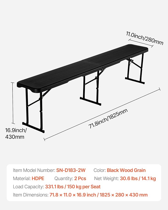 VEVOR Plastic Folding Bench, 6 ft Portable Bench - Image 3