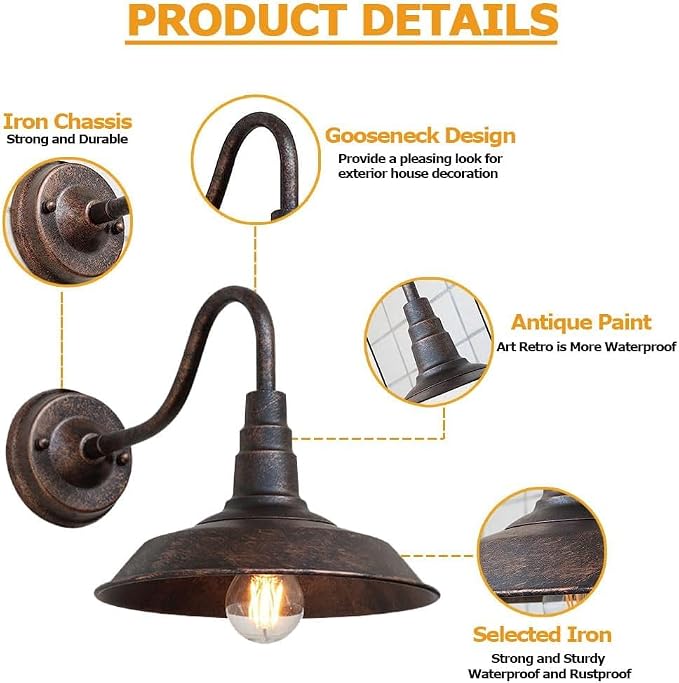 4-Pack Outdoor Gooseneck Barn Light 10" Retro Exterior Wall Light Iron Art Dome - Image 7