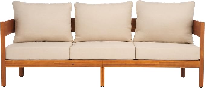 SAFAVIEH Outdoor Collection Theo Natural Teak Solid Wood/Taupe Cushion 3-Seater by SAFAVIEH