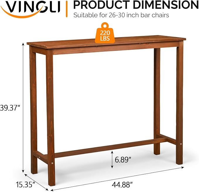 VINGLI Wooden Outdoor Bar Table, Wood Patio Counter Height Table, - Image 3