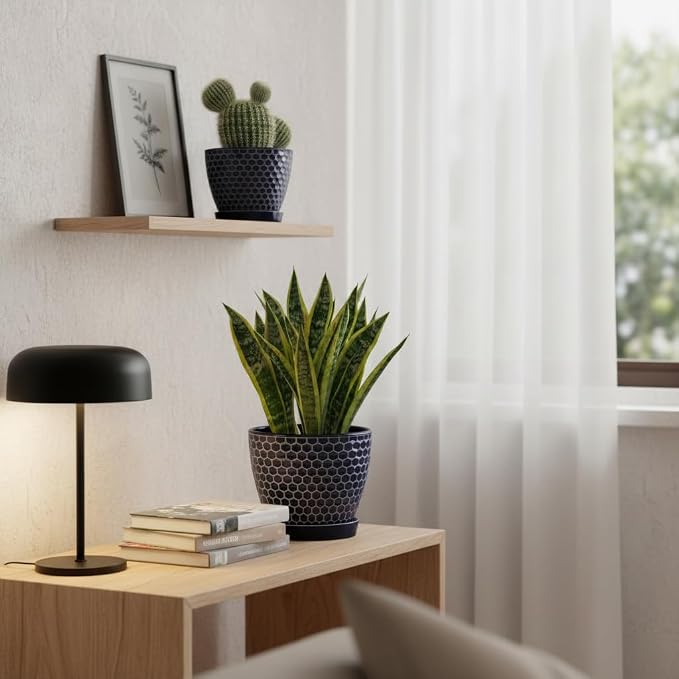 Docrin Blue Honeycomb Ceramic Plant Pot Set - Image 6