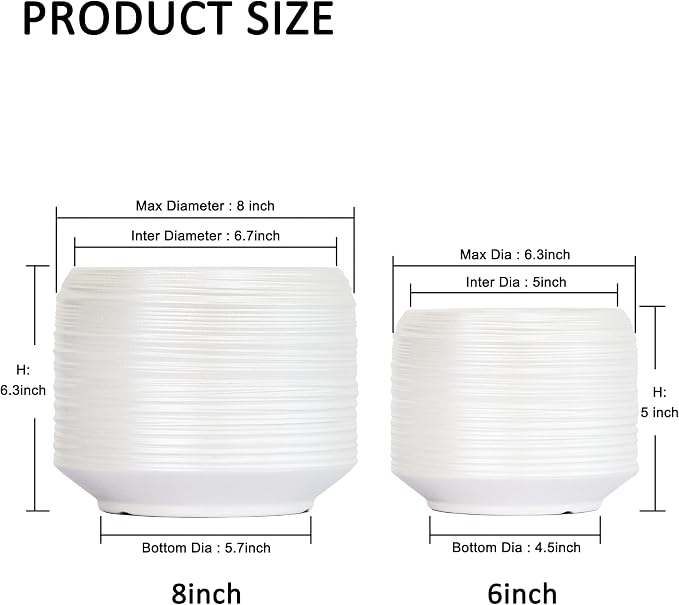 8 Inch + 6 Inch Ceramic Plant Pots Indoor - Image 2