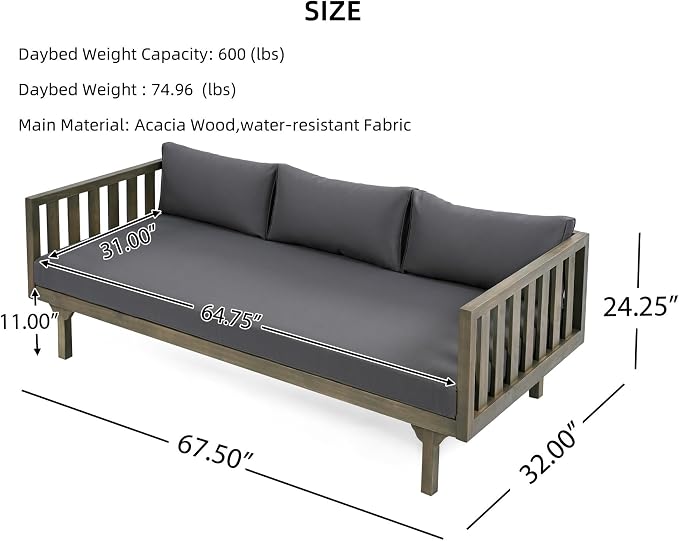 Merax Outdoor Acacia Wood Daybed, 3 Seater Day Bed Couch Sofa - Image 2