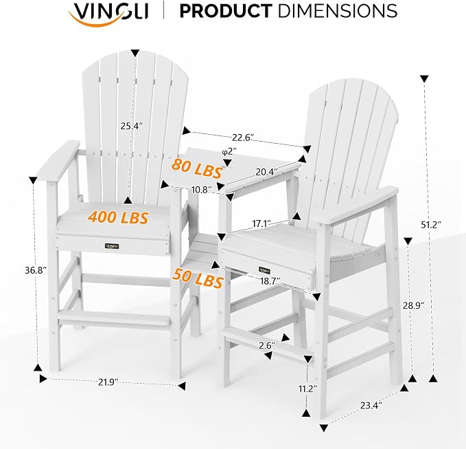 VINGLI Tall Adirondack Chairs Set of 2, All Weather HDPE Bar Height Adirondack - Image 7