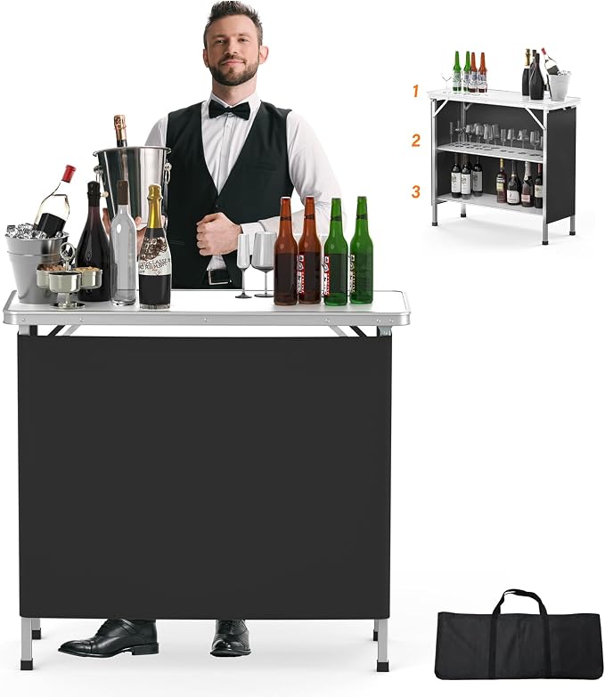 VINGLI Portable Bar Table, 3-Tier Shelves, Mobile Bar Table by VINGLI