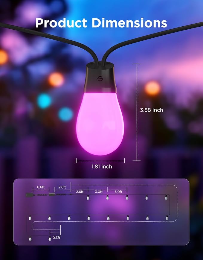 Govee S14 Bulb Outdoor String Lights 2, 48ft Smart RGBIC Warm White Patio Lights - Image 7