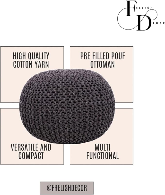FRELISH DECOR Round Pouf Ottoman Hand Knitted 100% Cotton Pouf Foot Stool - Image 4