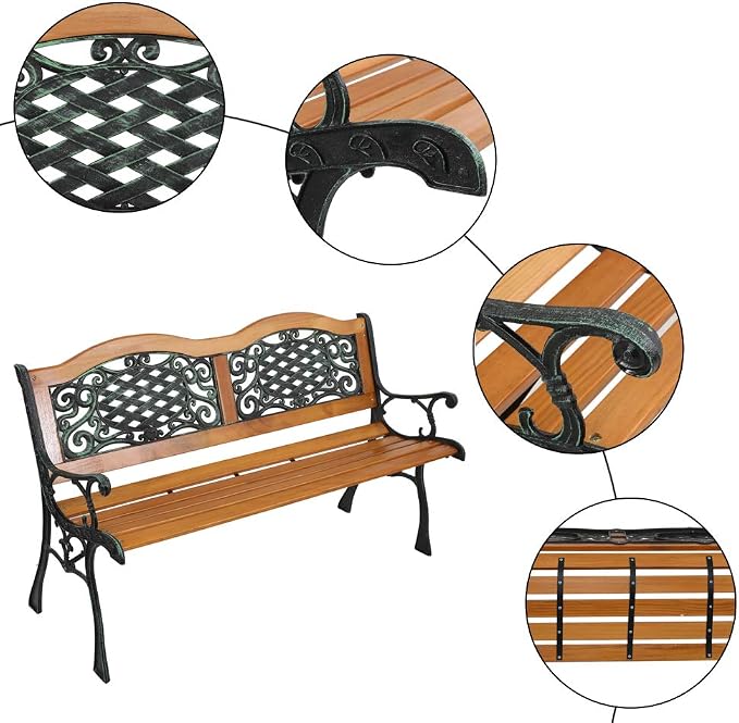 49'' Patio Bench, Outdoor Garden Bench, Cast Iron & Hardwood Structure - Image 4