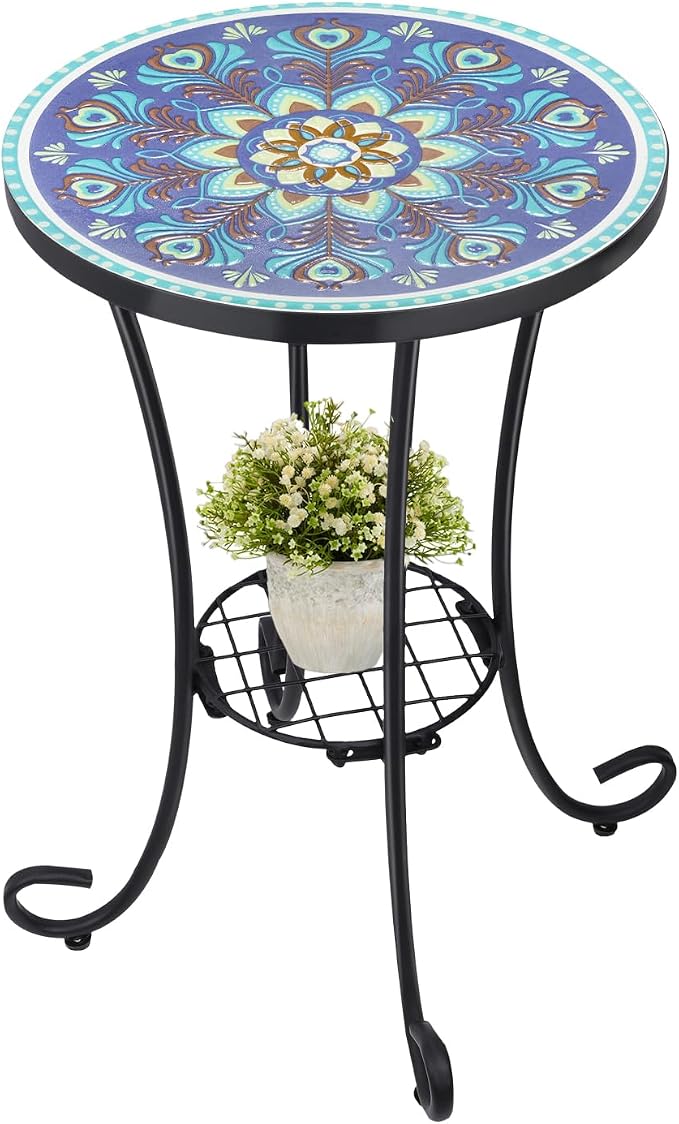 VCUTEKA Outdoor Side Table Mosaic Patio Table Accent Tables Mosaic Tile Top - Image 9