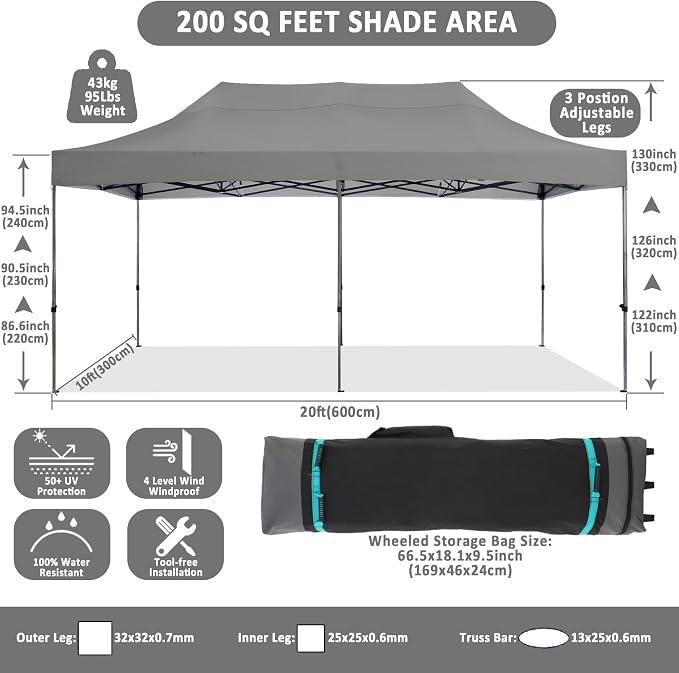 COBIZI 10x20 Pop Up Canopy Without Sidewall, Heavy Duty Canopy UPF 50+ All - Image 4