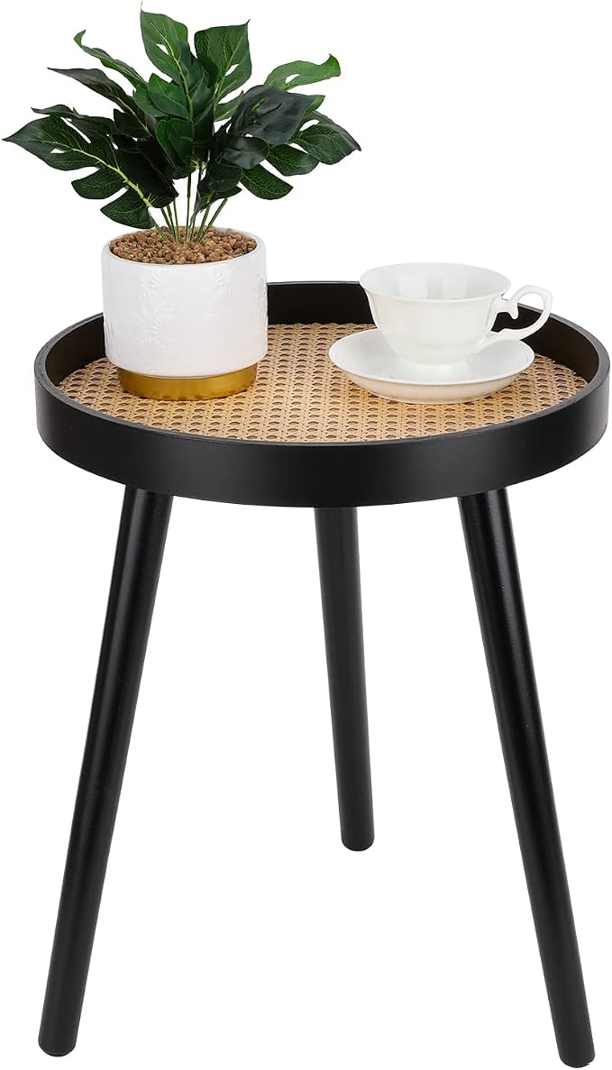 Rattan Round Side Table, Modern Boho Bedside Mid-Century Patio Side End Tables by ZYBTtoCreateHappyMemories