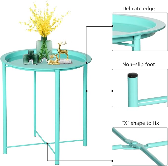 VECELO Side/End Table, Folding Round Metal Anti-Rust and Waterproof Outdoor or - Image 6