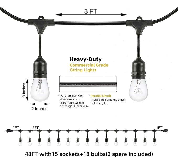 SUNTHIN Outdoor String Lights, 48FT Commercial Grade String Light - Image 2