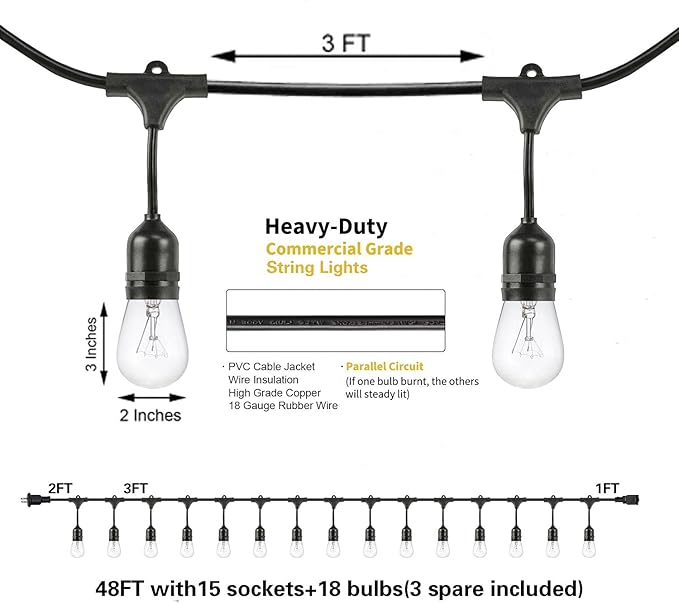 SUNTHIN 2 Pack 48FT Outdoor String Lights, Hanging Incandescent String Lights - Image 2