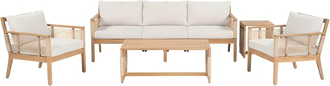 5-Piece Outdoor Acacia Wood Frame Sofa Set, Patio Hand Woven Rope Conversation - Image 3