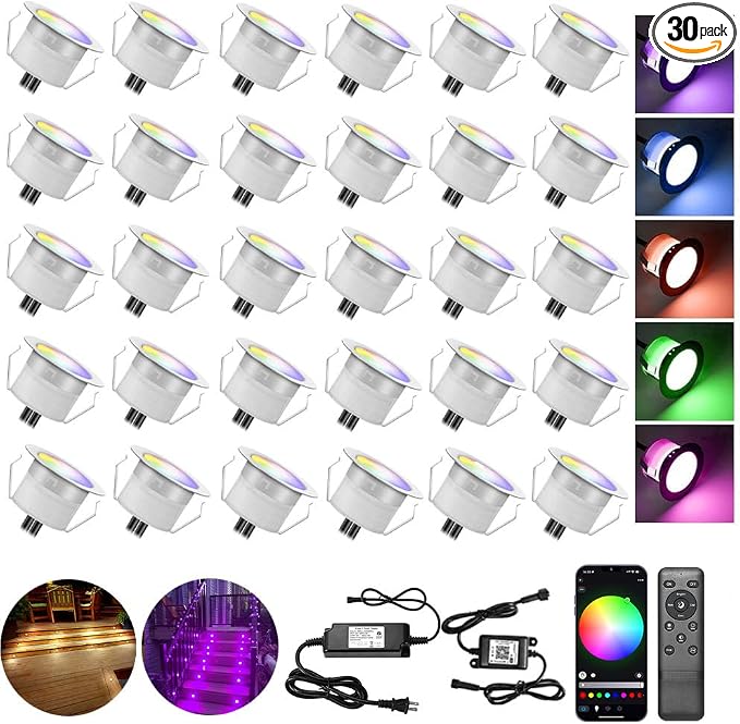 Low Voltage LED Deck Lights, 30 Pack 1.22" Smart WiFi RGBW 3000K Recessed Step by Sumaote