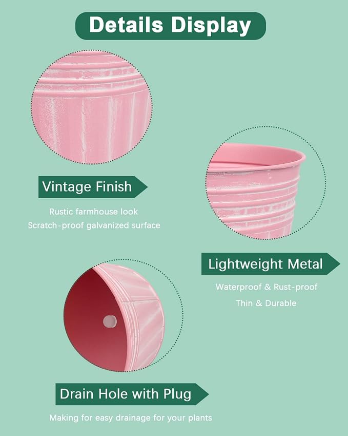 vensovo 10 Inches Pink Metal Rustic Plant Pots - Image 3
