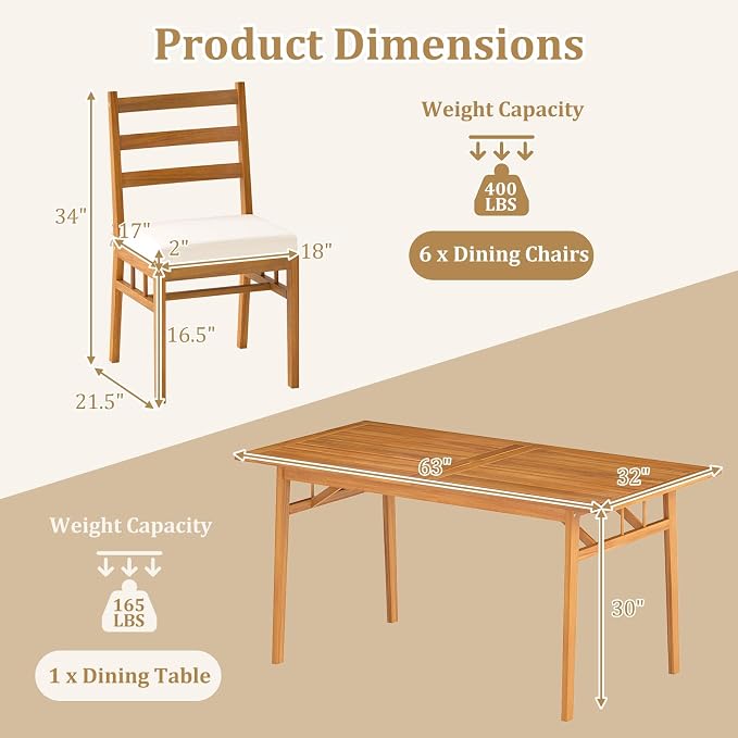 Tangkula 7 Pieces Patio Acacia Wood Dining Set, Outdoor Heavy Duty Rectangular - Image 9