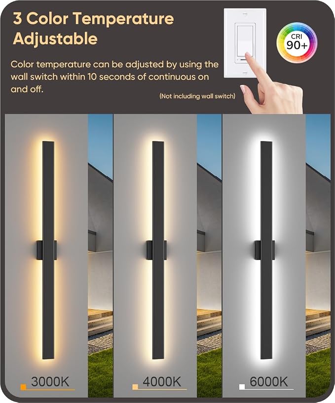 Aipsun 2 Packs Outdoor Wall Sconce, 3000K 4000K 6000K, 47.2in Modern Black - Image 3