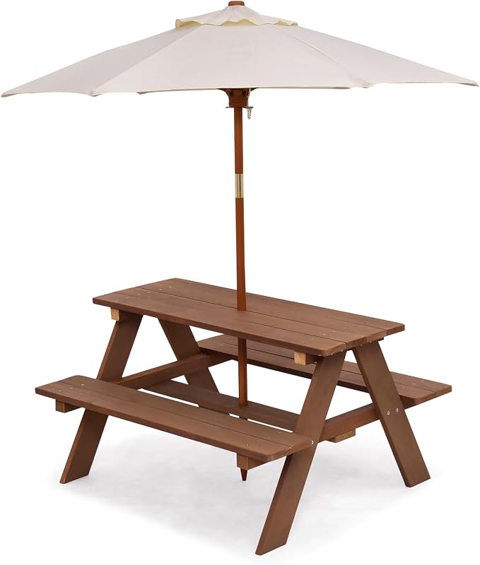 HONEY JOY Kids Picnic Table, Outdoor Wooden Bench Set w/Removable Umbrella - Image 7