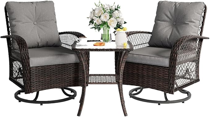 3 Pieces Patio Furniture Set, Outdoor Swivel Glider Rocker, Wicker Patio Bistro by VonzoyHome