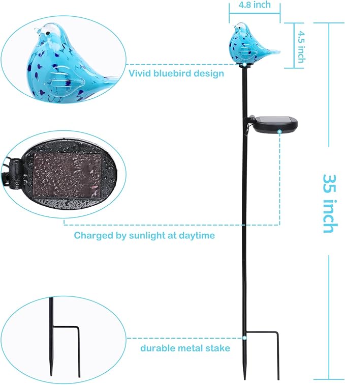 Afirst Decorative Solar Lights Outdoor Solar Bluebird Stake Lights Hand Blown - Image 4