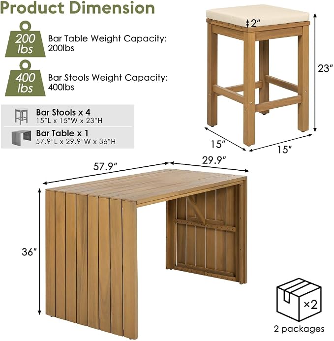 5 Piece Outdoor Bar Set, Patio Acacia Wood Bar Height Table & Four Stools - Image 2