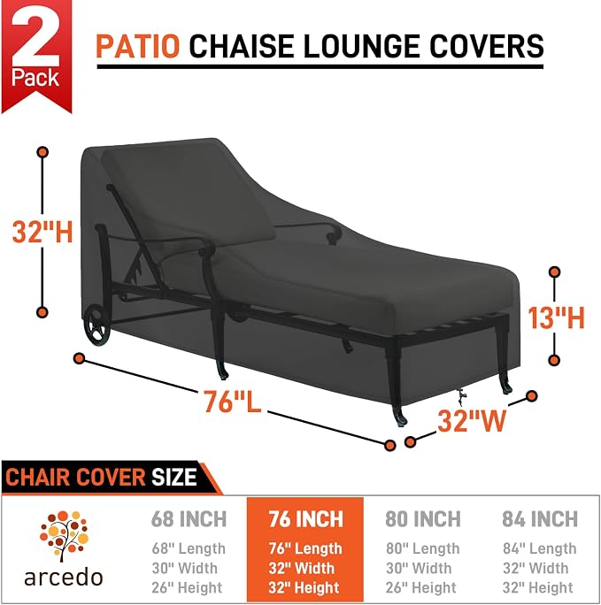 Arcedo Outdoor Lounge Chair Covers 2 Pack, Waterproof Patio Chaise Lounge Cover - Image 2